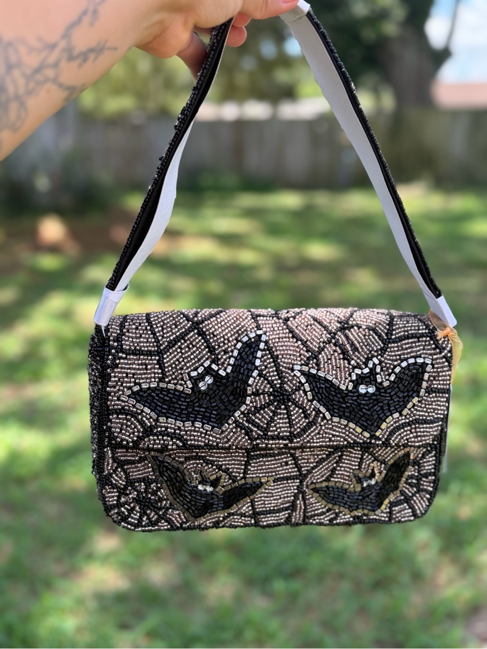 India Boutique Black and Silver Beaded Bird Shoulder Bag